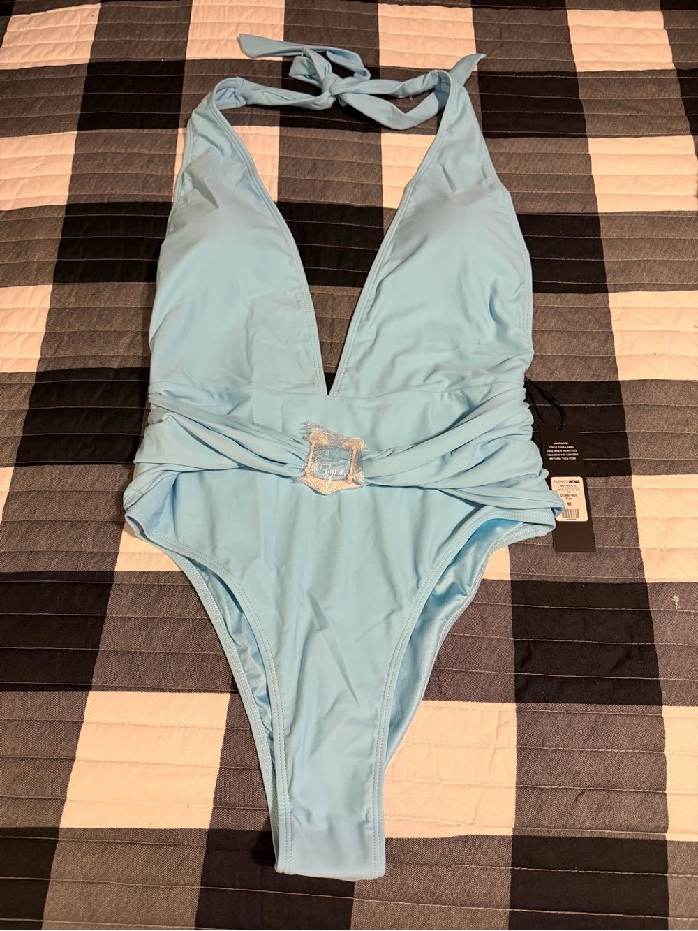 New! FASHION NOVA Skaia Sky Blue Halter 1-Piece Swimsuit, Medium